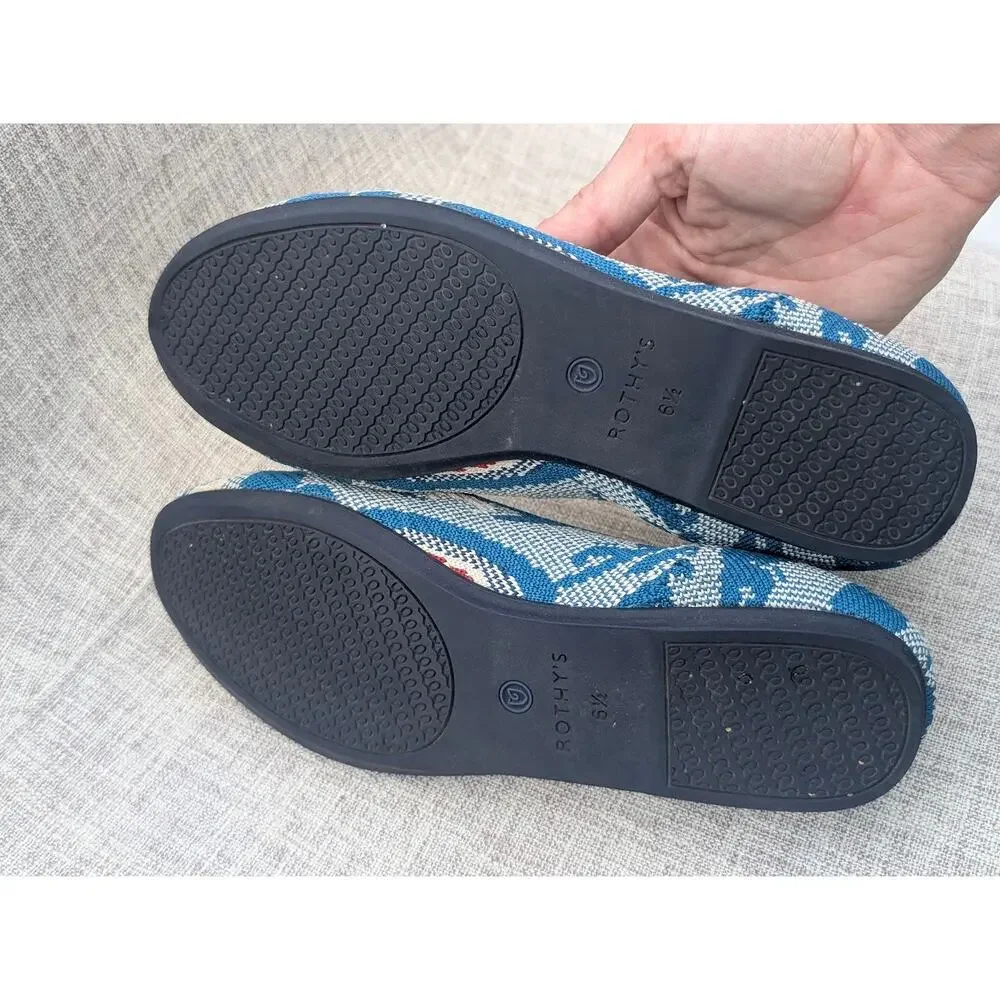 Rothy's Blue White Patterned Flats with Red Accents - Picture 9 of 9